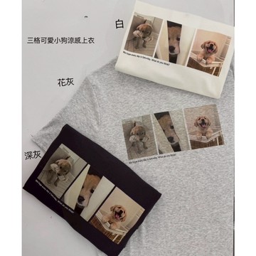 【太妮絲JO04】現貨 夏季 可愛黃金小狗狗圖片t 三格圖 涼感上衣 春天女裝 短袖上衣 夏季女裝 可愛t 狗狗