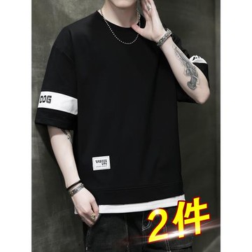 假兩件短袖t恤男士夏季薄款潮牌寬松休閑黑色半袖體恤男生上衣服