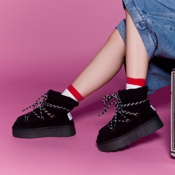 【日本京都聯名】HAPPYFACE 冬日摩登綁帶造型保暖雪靴 黑 (7E3080)