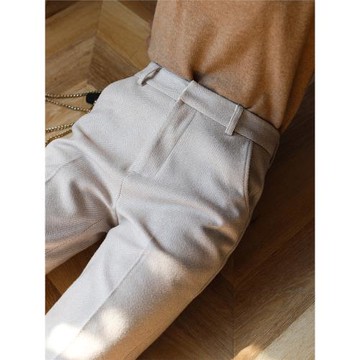 高端毛呢褲子女人字紋杏白色褲子小個子直筒西褲休閑九分褲西裝褲