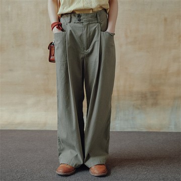 秋香綠色 棉質豎條紋肌理休閒褲長褲子 天然有機棉中性直筒長褲