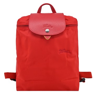 LONGCHAMP LE PLIAGE GREEN系列刺繡再生尼龍摺疊後背包(中/番茄紅)