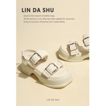 【林大叔】白色松糕厚底涼鞋女2025新款露趾雙扣帶后空高跟羅馬鞋