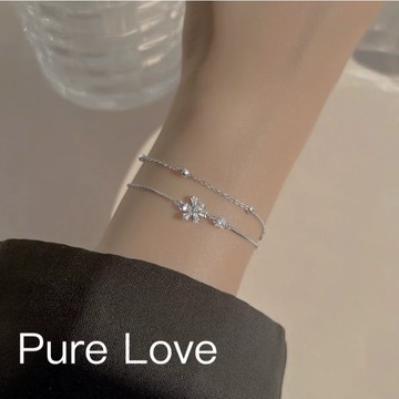 Pure Love樂芙 / 正韓 銀飾【S925純銀】B0741簡約通體純銀手鍊鋯石花朵雙層手鏈 / 銀 玫瑰金