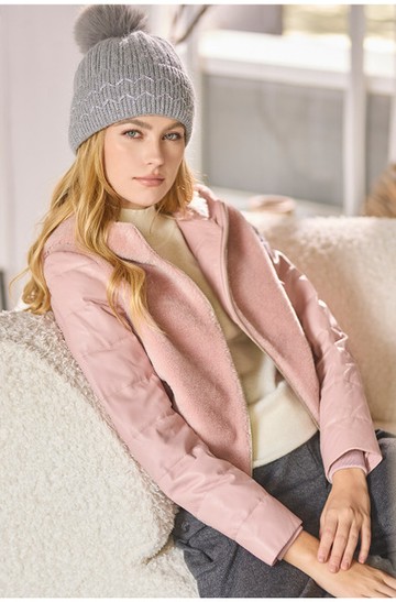 異素材拼接連帽皮羽絨外套