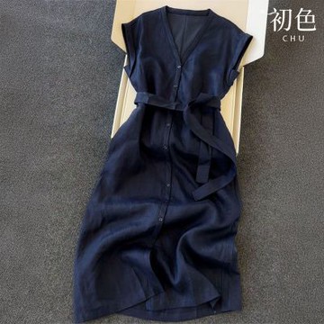 初色 純色簡約風V領短袖單排釦中長連衣裙連身洋裝-藍色-13189(M-2XL可選)