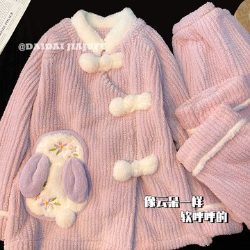 ??新中式珊瑚絨睡衣女秋冬季加絨加厚法蘭絨冬天外穿新款家居服