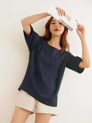 涼感．舒涼雪紡素色打褶短袖上衣