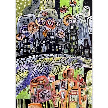 奇幻繪畫 多彩 原創藝術 黑色現代藝術品 異想天開的水彩畫