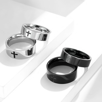 STEEL 鋼戒。光潔十字架（亮銀色．8mm ‧10號；黝黑色．8mm ‧12號 現貨供應中）| TM