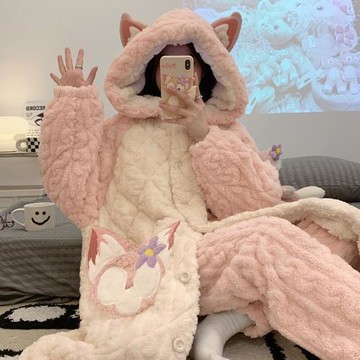 三層夾棉睡衣女士秋冬季珊瑚絨加厚長款可愛睡袍法蘭絨家居服套裝