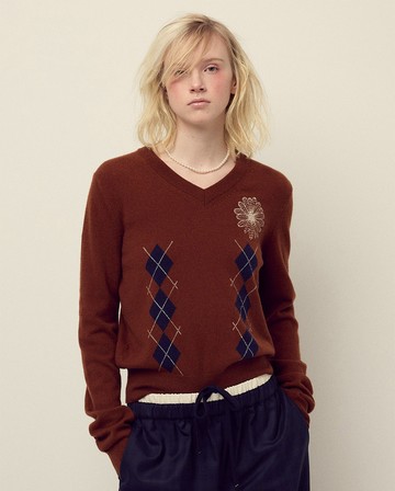 MARDI MERCREDI V領針織毛衣 栗色 小雛菊刺繡 象牙白 菱格紋 CASHMERE BLENDED V NECK ARGYLE