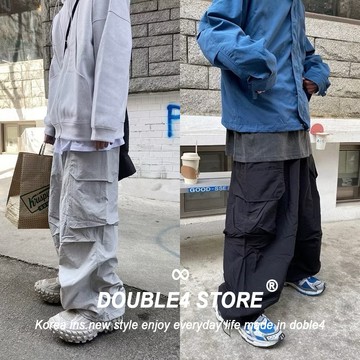 【DOUBLE4】韓國 尼龍擴腿長褲 大口袋 CITY BOY 工裝褲 鬆緊 韓系 落地 男女可穿  J12