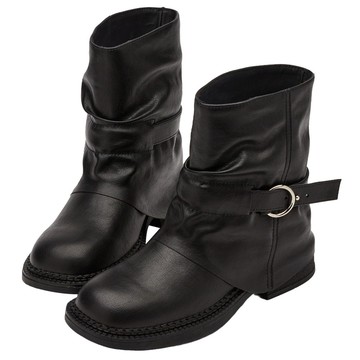 【Grace Gift】靴子 短靴【韓系顯瘦方頭皮帶扣褶皺褲管短靴】1色 35-40號 褲管靴