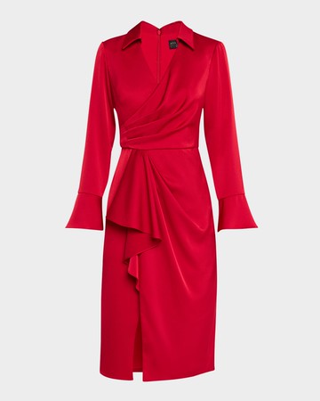 Draped Faux-Wrap Crepe Back Satin Dress
