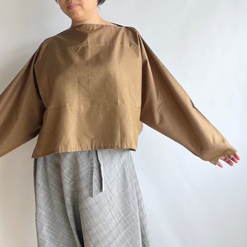 【獨一無二】丁字形套頭衫 雙面穿 - 絹製丹前布料 黃土色格子 & 新毛斯 深棕色