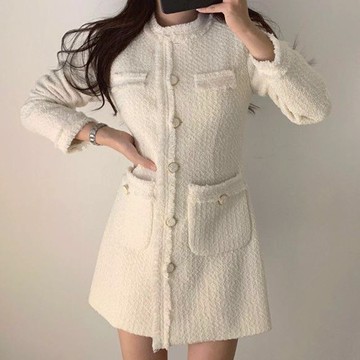 【白鳥麗子】連身裙 法式毛呢拼接流蘇單排扣長袖洋裝 店長推薦