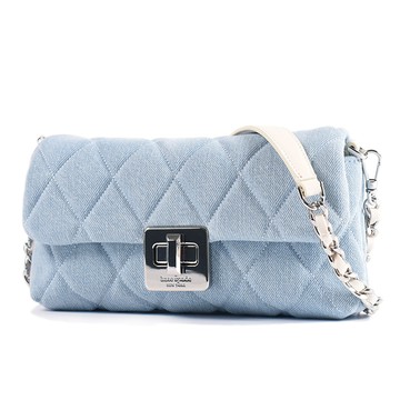 KATE SPADE Carey 牛仔布絎縫菱格紋旋鈕翻蓋鍊帶斜背包-淺藍
