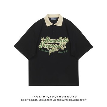 逃離地球美式潮牌字母植絨短袖T恤女夏季寬松bf百搭學院風POLO衫