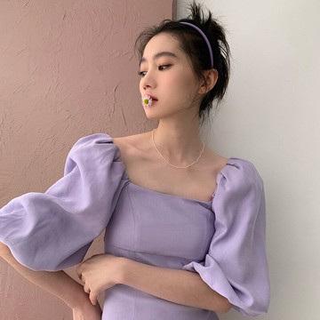 法式復古夏季長款燈籠袖裙子2022年新款桔梗輕熟風泡泡袖連衣裙子