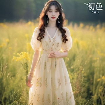 初色 法式甜美森林系碎花印花綁繩V領短袖泡泡袖A字裙中長裙連衣裙連身洋裝-花色-11705(M-XL可選)