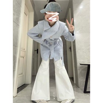 韓系高級感藍色毛呢外套女秋冬季2026新款小個子中長款呢子厚大衣