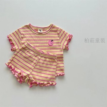 🍭臺灣出貨🍭2025夏季新款薄款冰絲短袖短褲兩件條紋寶寶女童套裝嬰兒夏天衣服