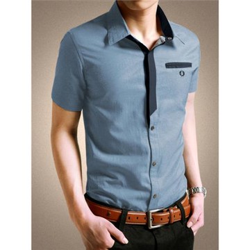 孔雀藍襯衫男短袖夏季薄款設計感小眾拼接學院風衫衣修身襯衣半袖