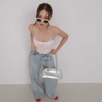 直條比基尼/平口兩件套上衣-白【KT24546】