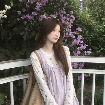 套裝女2026早秋 短裙套裝 新款韓系溫柔風打底衫 薄款打底長袖防曬T恤 紫色背心連衣裙 打底衫+吊帶短裙套裝女