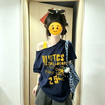 【美式復古潮流】假兩件斜肩短袖T恤 女 多巴胺 韓版 寬鬆 戶外 百搭 上衣 潮 短袖上衣 上衣短袖 美式復古上衣