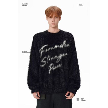 字母寬鬆軟糯馬海毛黑色針織衫男時尚潮流休閒百搭慵懶風毛衣男