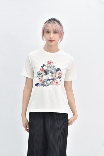 (S) uniqlo 棉質印花小貓白色短袖上衣