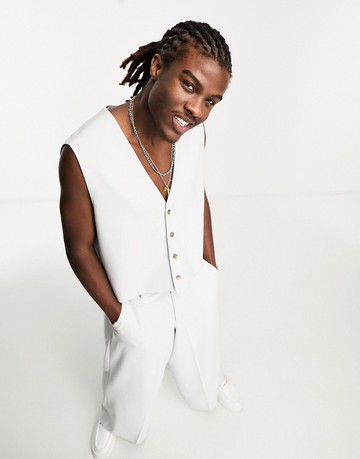 ASOS DESIGN boxy suit waistcoat in mid grey in micro texture