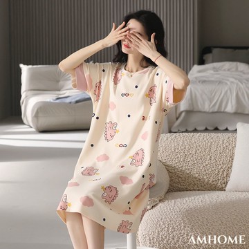 【Amhome】連身寬鬆睡裙精梳棉睡衣甜美可愛短袖家居服圓領中長休閒洋裝 # 116466(現貨+預購)