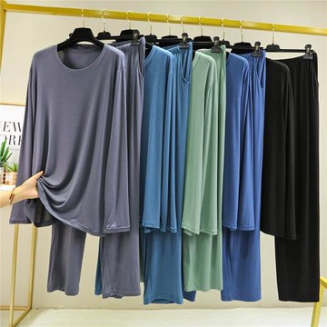 莫代爾睡衣男夏圓領套裝大碼寬松長袖長褲外穿運動薄款居家服薄款