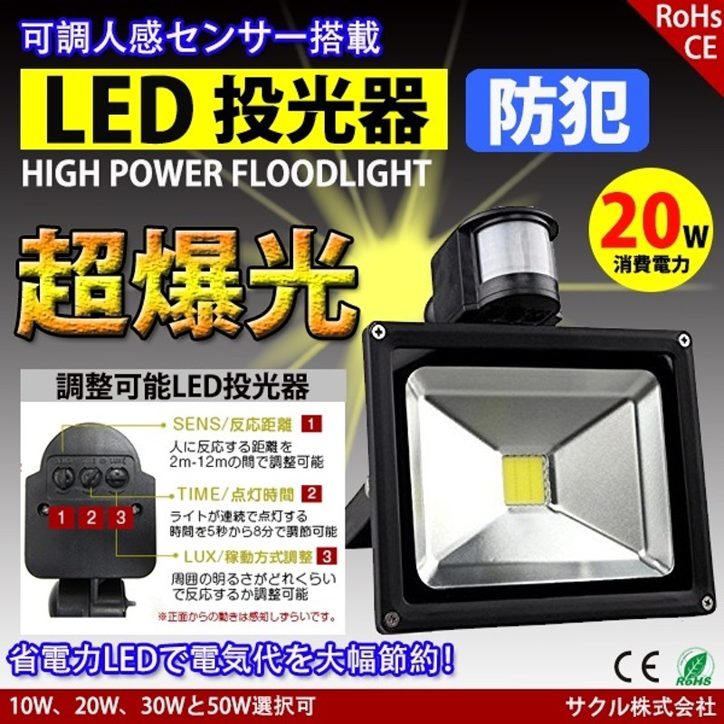 LED投光器 20W 200W相当 センサーライト 人感 屋外 昼光色 防犯ライト 駐車場 倉庫 防水加工 広角 防水 通販  LINEポイント最大5.0%GET LINEショッピング