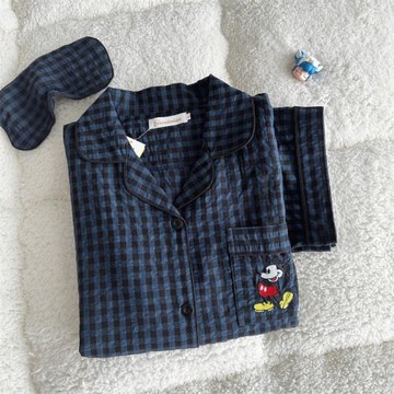 高級感格子長袖睡衣女純棉春秋季可愛三件套女士休閑空調房家居服