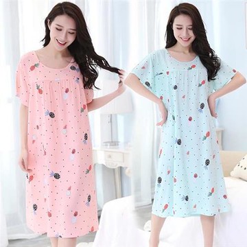 【韓國K.W.】現貨最新上架進口棉綢印花睡裙睡衣(洋裝/連身裙/短袖/長裙/寬鬆/居家/休閒)
