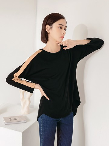 撞色袖前短後長圓弧開衩上衣