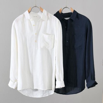 春秋男士長袖亞麻襯衫翻領套頭半開衫襯衣潮青年職業休閑工裝寸衫