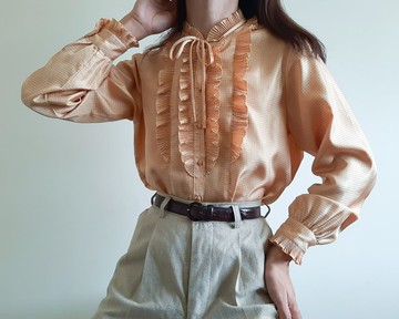 復古格紋領結襯衫黃橙色羈扣簡約襯衫