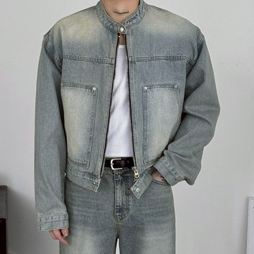 正韓復古刷色牛仔鉚釘立領短版夾克外套 淺藍色 YUPPIE 預購商品 0224