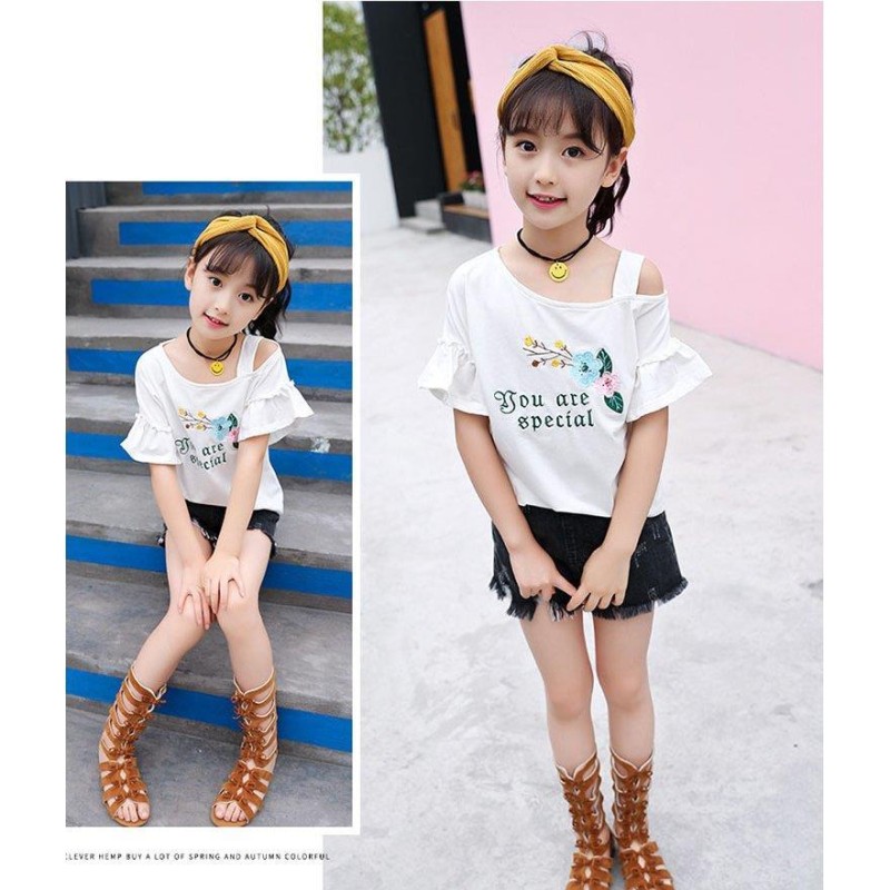 子供服 Tシャツ キッズ 女の子 韓国子供服 綿 半袖 肩出し 丸い