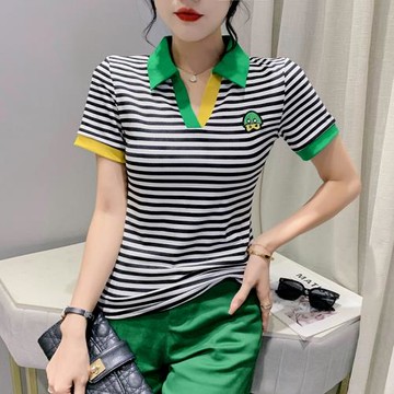 時尚條紋POLO衫女夏季歐洲站撞色T恤短袖洋氣百搭修身顯瘦小衫潮