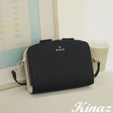KINAZ 分層雙拉鍊撞色WOC貨幣斜背包-深藍日光-幸運小盒系列