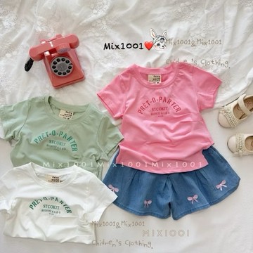 🌈✨mix1001造型抓褶車縫感印字母上衣✨兒童設計車線造型短版上衣5-17