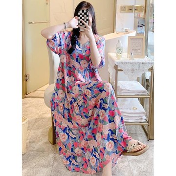 超長款睡裙棉綢女夏到腳裸裙寬松大碼人造棉度假裙沙灘裙薄家居服