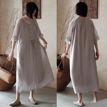 設計所在 獨家高端限量系列 綢感萊賽爾真絲漢麻洋裝子中長有襯