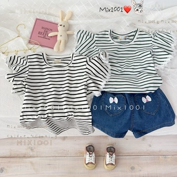 🌈✨荷葉袖緹花條紋造型上衣✨兒童波浪緹花袖造型上衣 5-17